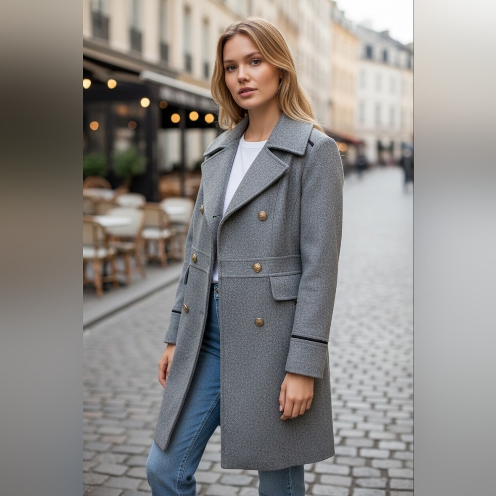 Vince Camuto Grey Wool Blend Double-Breasted Coat  – Size Small